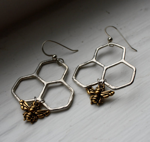 Ready to Ship- Sweet Dangles- Sterling silver handmade honeycomb dangles