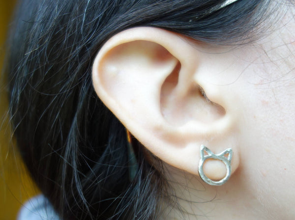 Tiny Cat Studs in Sterling or 14k Gold - Minimalist Cat Earrings Kittens Cat Lady Studs