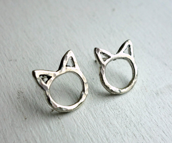 Tiny Cat Studs in Sterling or 14k Gold - Minimalist Cat Earrings Kittens Cat Lady Studs