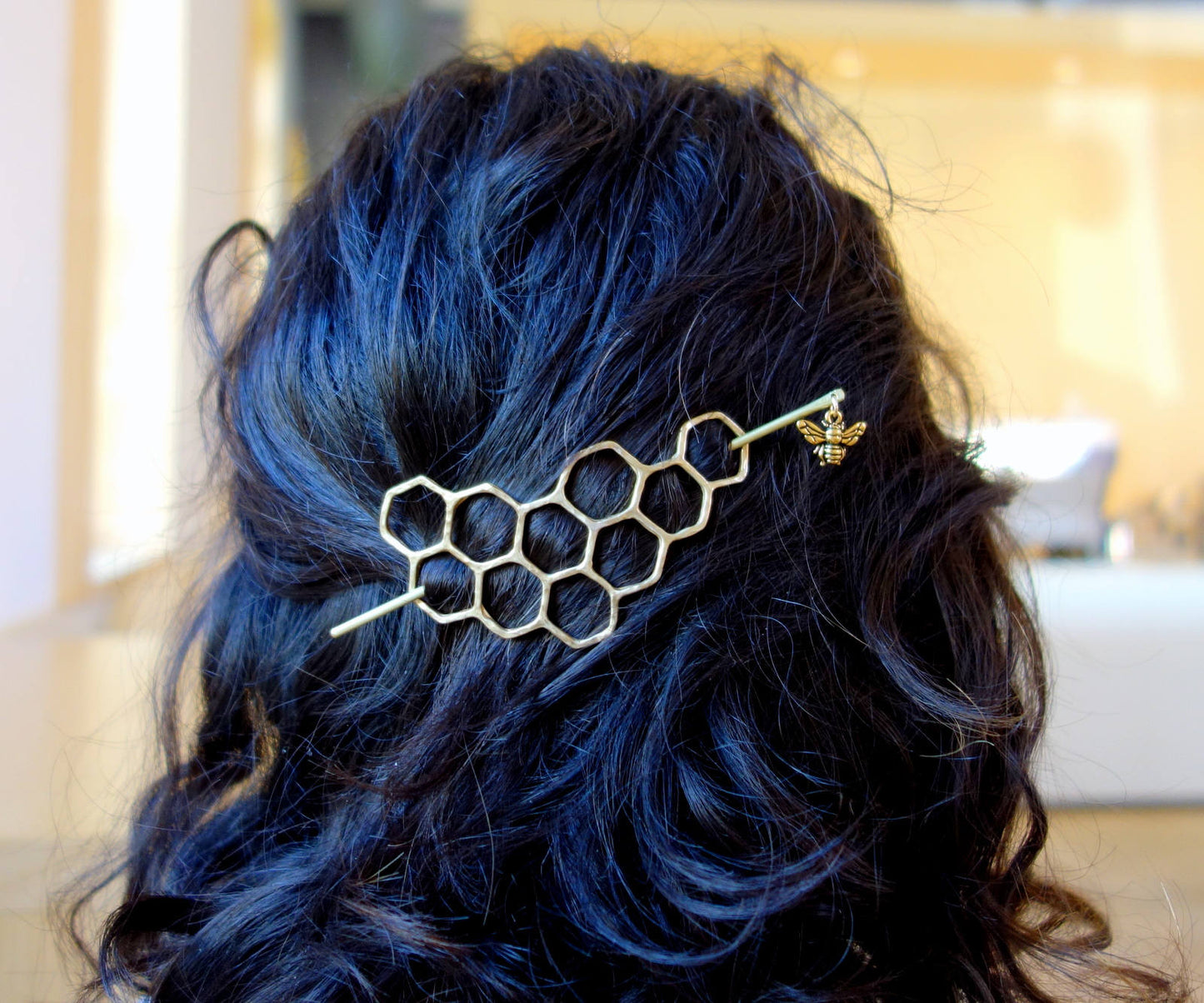 Large Brass Honeycomb Handmade Hair Bun Slide Pin with Dangling Bee Hair Twist Bun Pin