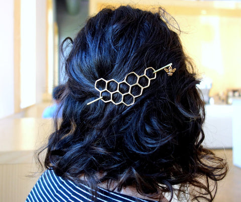 Large Brass Honeycomb Handmade Hair Bun Slide Pin with Dangling Bee Hair Twist Bun Pin