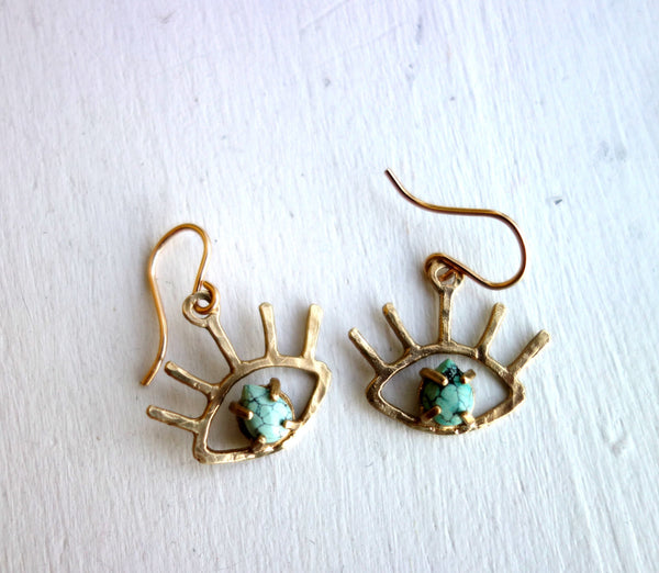 Gold Turquoise Beholder Eye Dangle Earrings