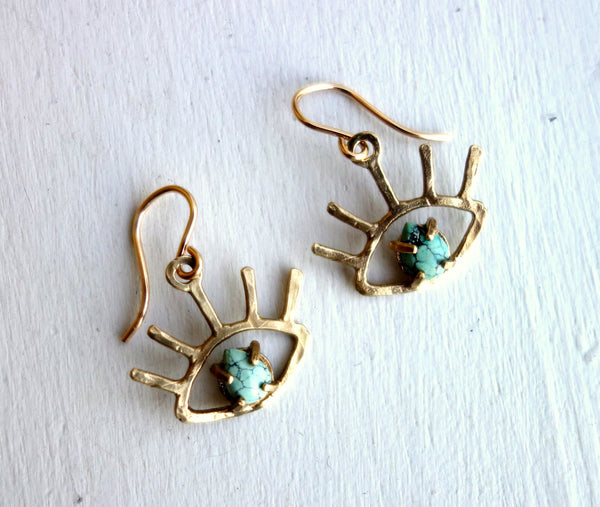 Gold Turquoise Beholder Eye Dangle Earrings