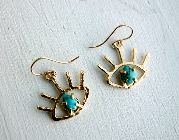 Gold Turquoise Beholder Eye Dangle Earrings