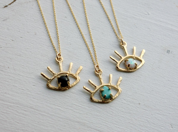 The Beholder - Eye Pendant in Gold with Onyx, Turquoise or Opal