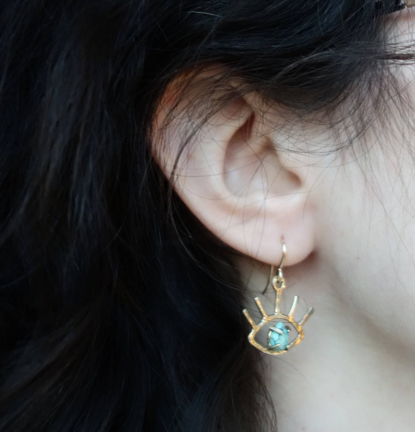 Gold Turquoise Beholder Eye Dangle Earrings