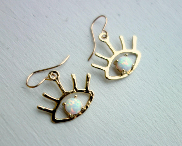 The Beholder Earrings: Gold and Opal Eye Earring Dangle Drops