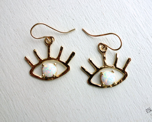 The Beholder Earrings: Gold and Opal Eye Earring Dangle Drops