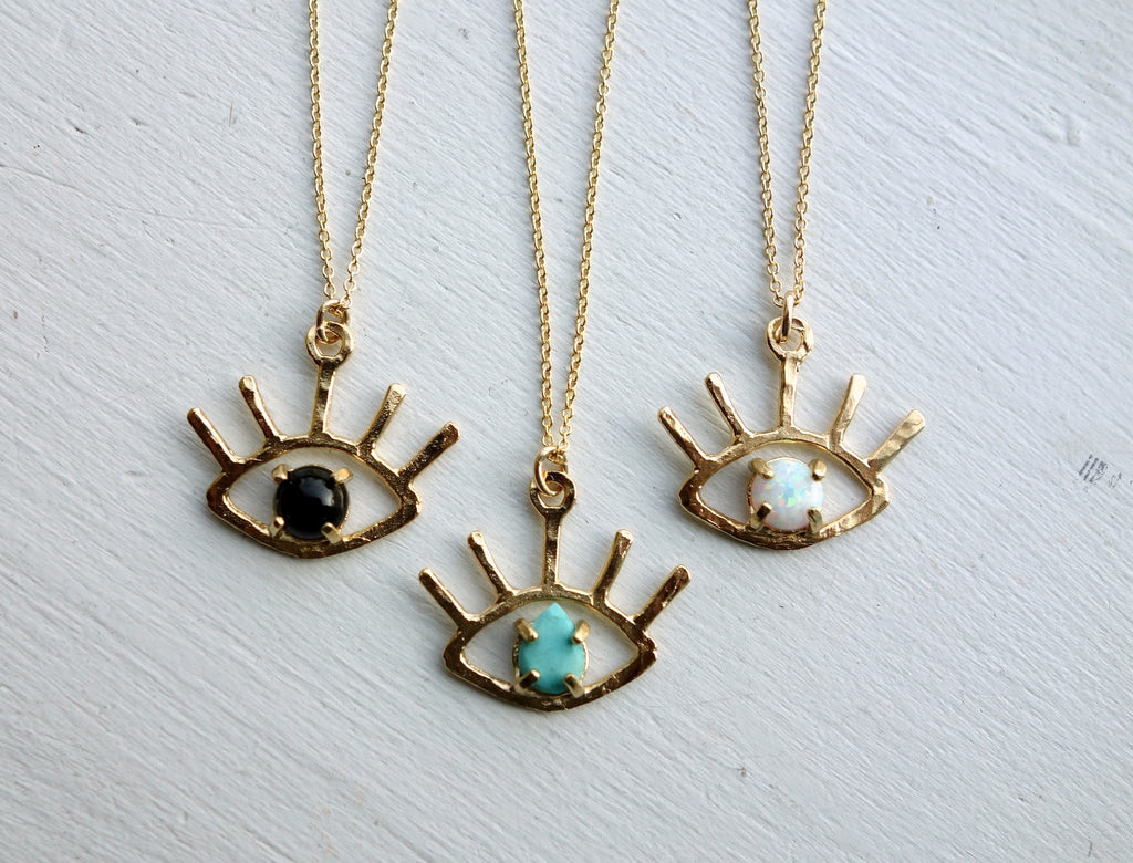 The Beholder - Eye Pendant in Gold with Onyx, Turquoise or Opal