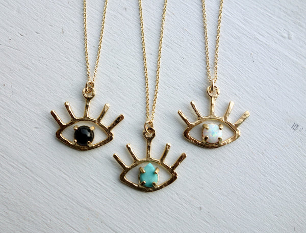 The Beholder - Eye Pendant in Gold with Onyx, Turquoise or Opal