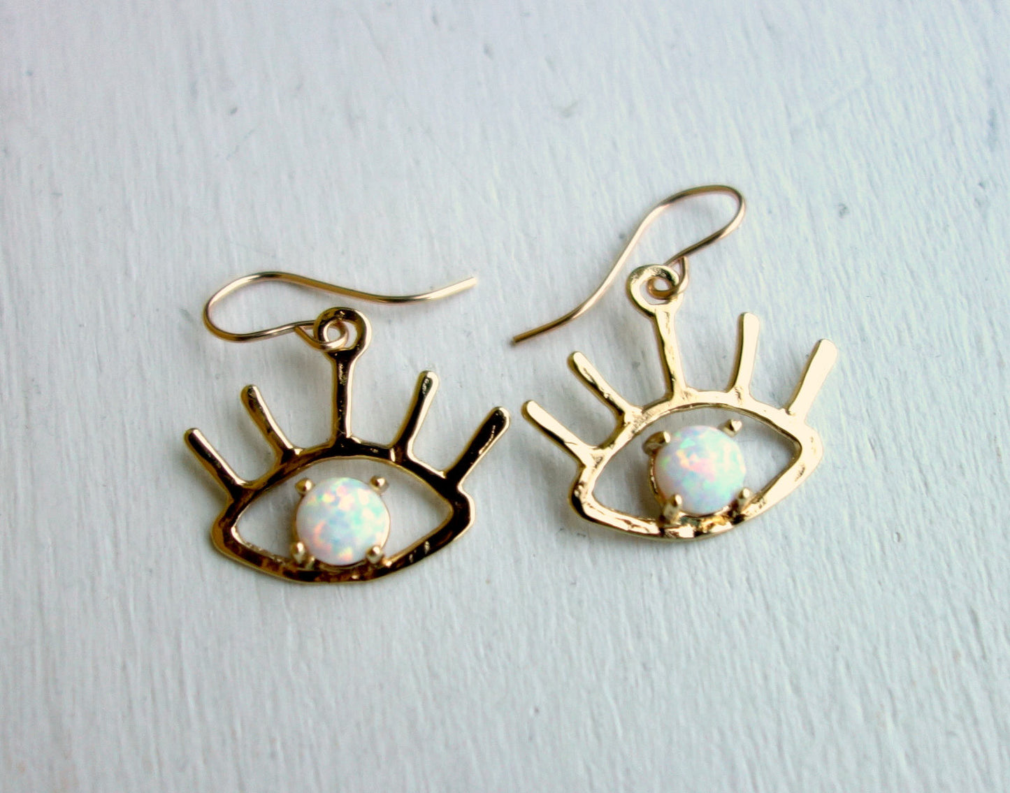 The Beholder Earrings: Gold and Opal Eye Earring Dangle Drops