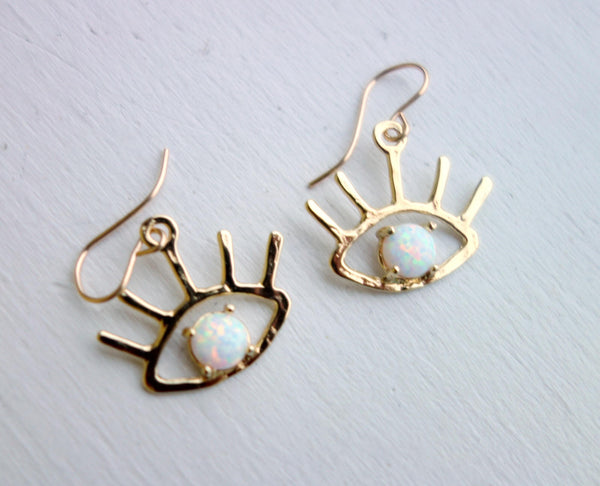 The Beholder Earrings: Gold and Opal Eye Earring Dangle Drops