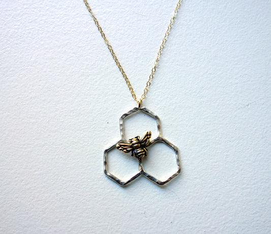 Sterling Silver Honeycomb Three Cell Comb Pendant with Gold Plated Bee by Rachel Pfeffer