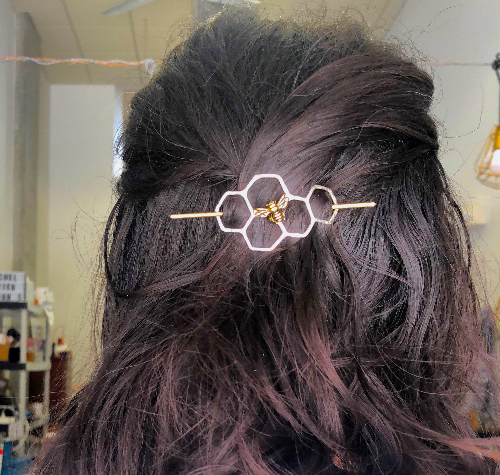 Large Brass Honeycomb Handmade Hair Bun Slide Pin with Dangling