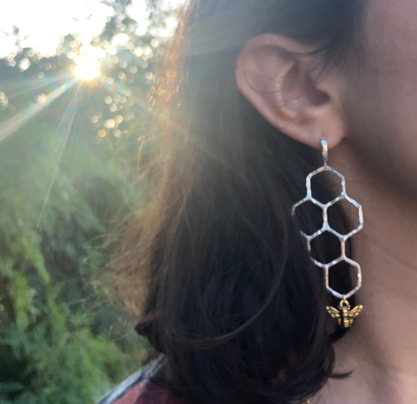 Honeycomb Hoop Dangles in Sterling Silver with Gold Plated Honey Bees with Huggie  Hoops