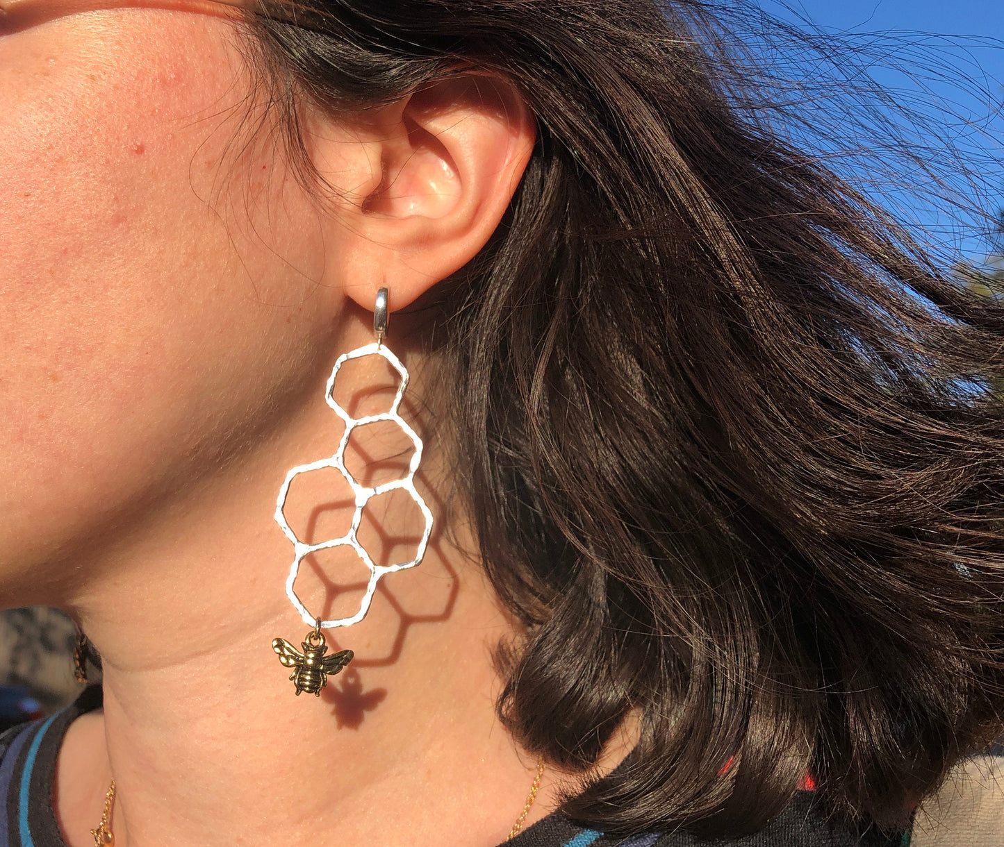 Honeycomb Hoop Dangles in Sterling Silver with Gold Plated Honey Bees with Huggie  Hoops