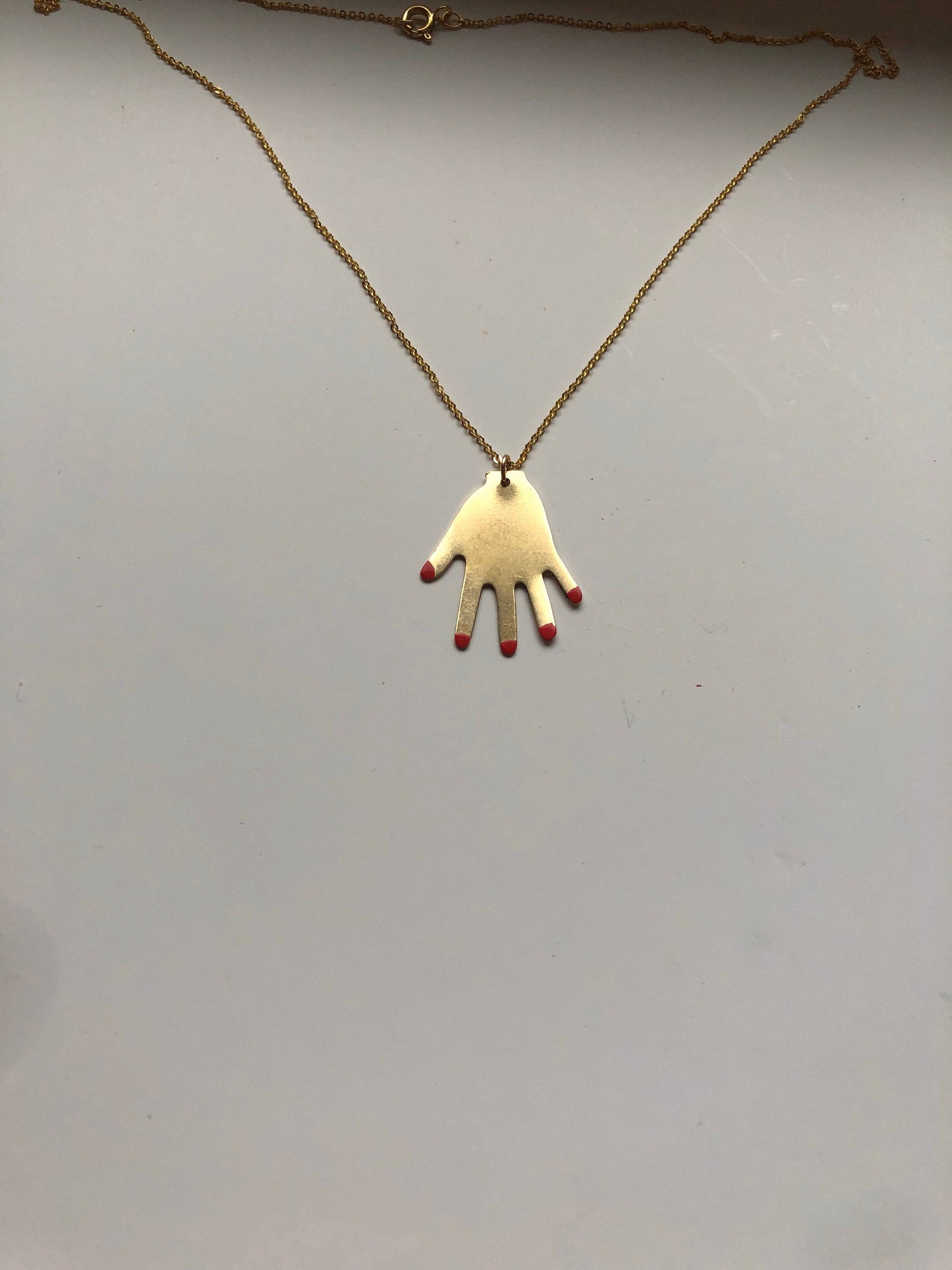 Manicured Hand Necklace - Gold Plated Hand Necklace with Red Painted Nails on 18" Gold-Filled Chain