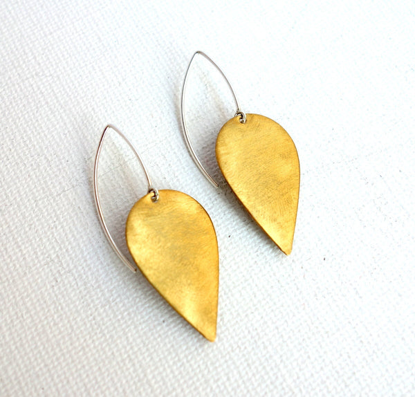 Brushed Brass Petal Drop Earrings- Sterling Silver and Brass