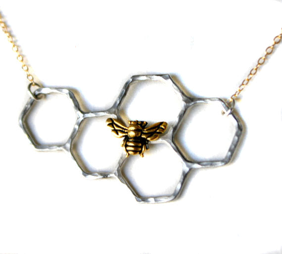 Sterling Silver Honeycomb Necklace on 14k Gold Filled Chain- as seen on Beyonce