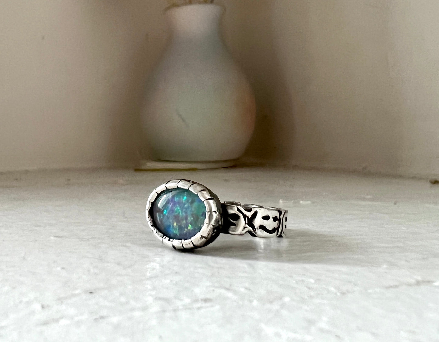 Opal Bezel Ring on Carved Face Mood Ring