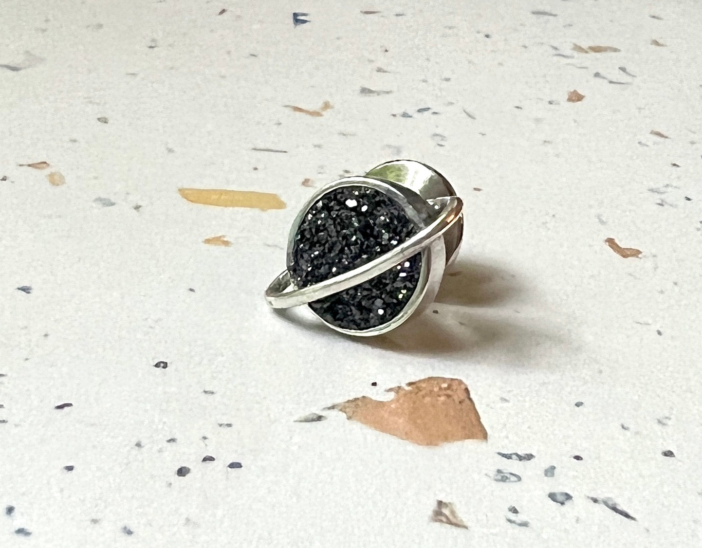 Sterling Silver Saturn Tie Tack with black drusy