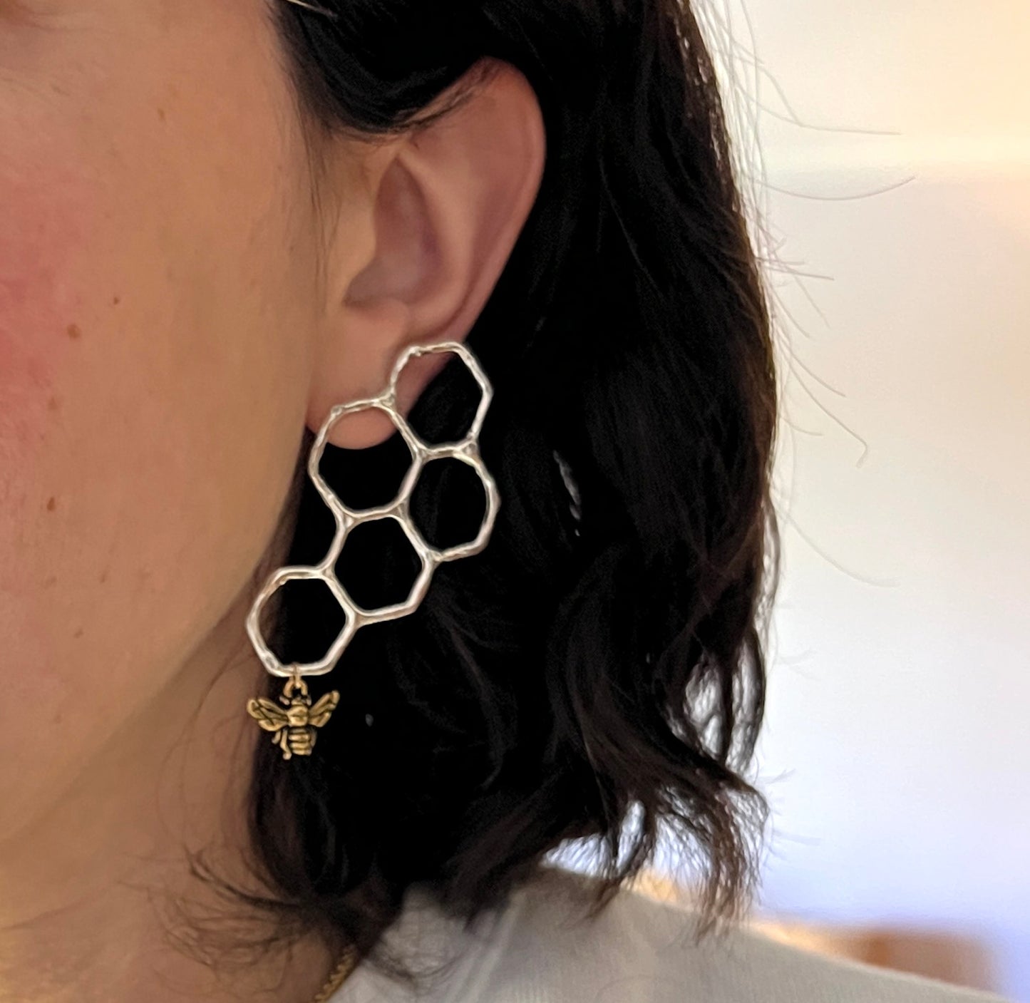 Sterling Silver Honeycomb Statement Studs with Dangling Bee
