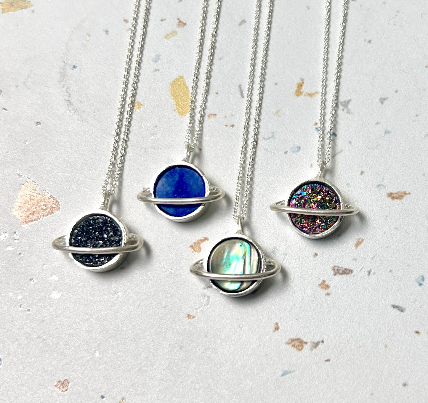 Stone or Druzy Saturn Pendants in Sterling Silver or 14k Gold Plate