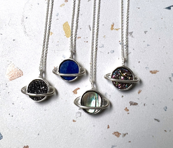 Stone or Druzy Saturn Pendants in Sterling Silver or 14k Gold Plate