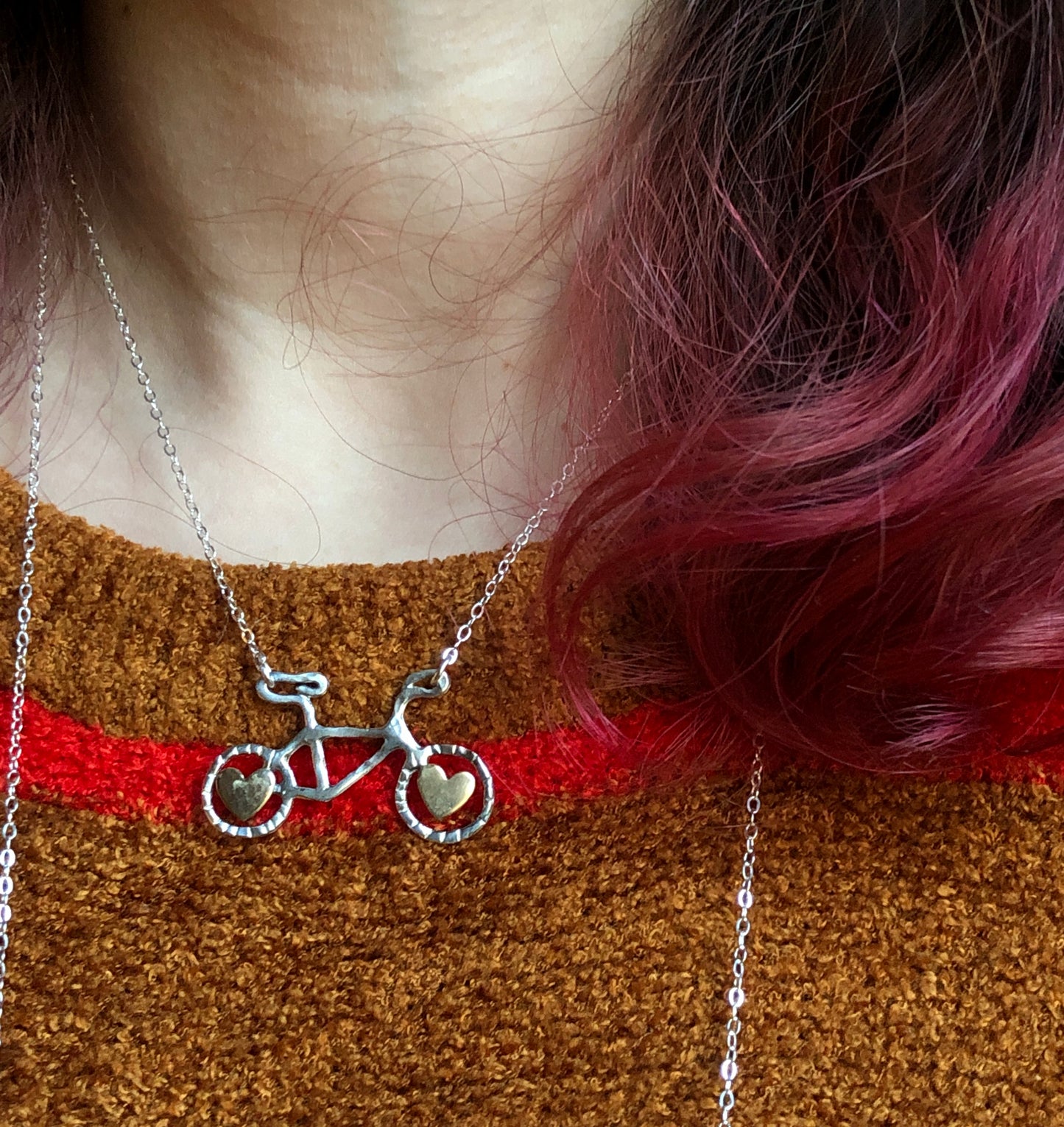 Ready to Ship- Tiny Sterling Silver Bike with Brass Hearts