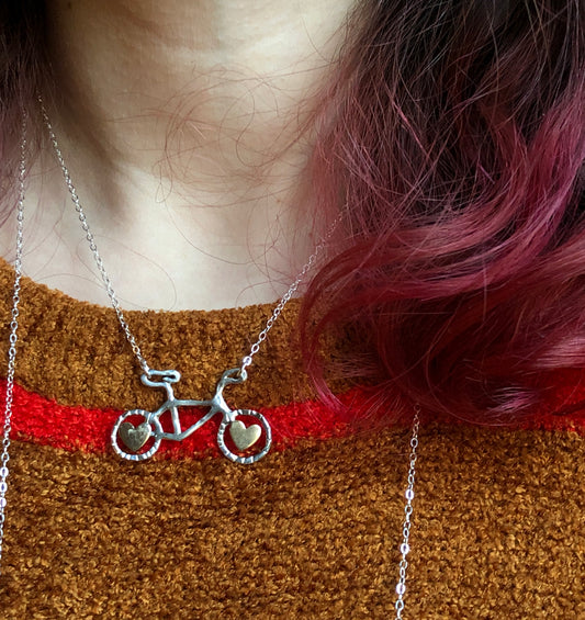 Ready to Ship- Tiny Sterling Silver Bike with Brass Hearts