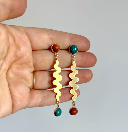 Blue Green Chrysocolla and Goldstone Squiggle Opposite Stud Dangles